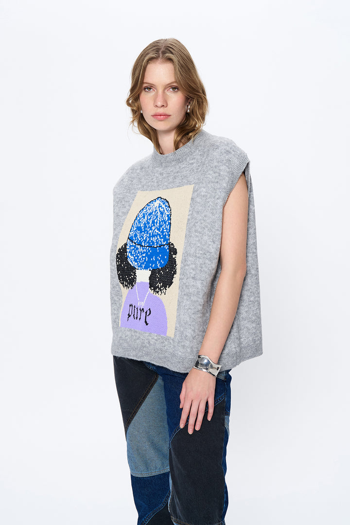 Figürlü Oversize Triko Süveter Gri