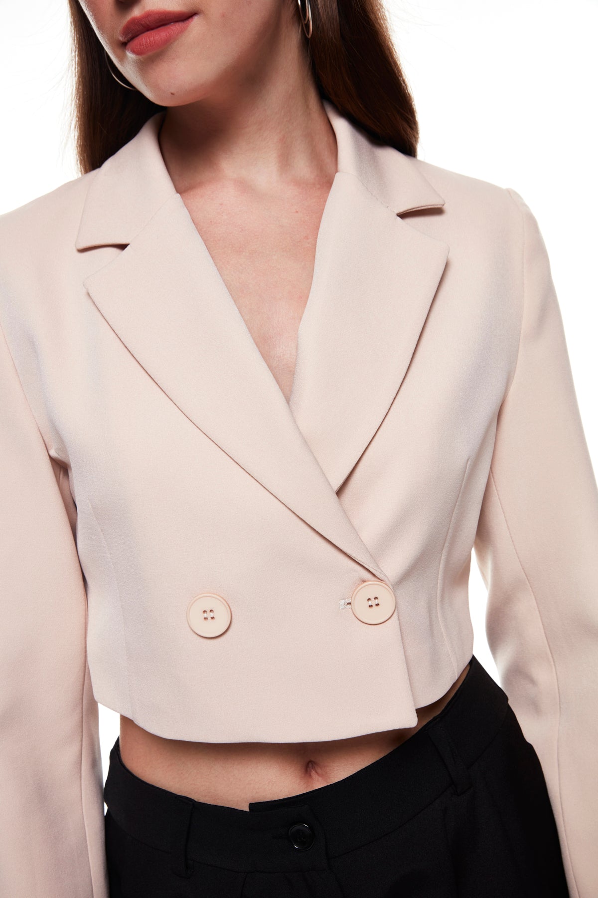 Double Breasted Crop Blazer Jacket Beige