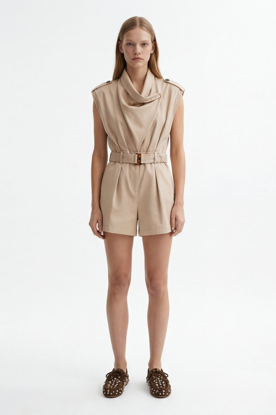 Asimetrik Yaka Kemerli Şort Tulum Bej