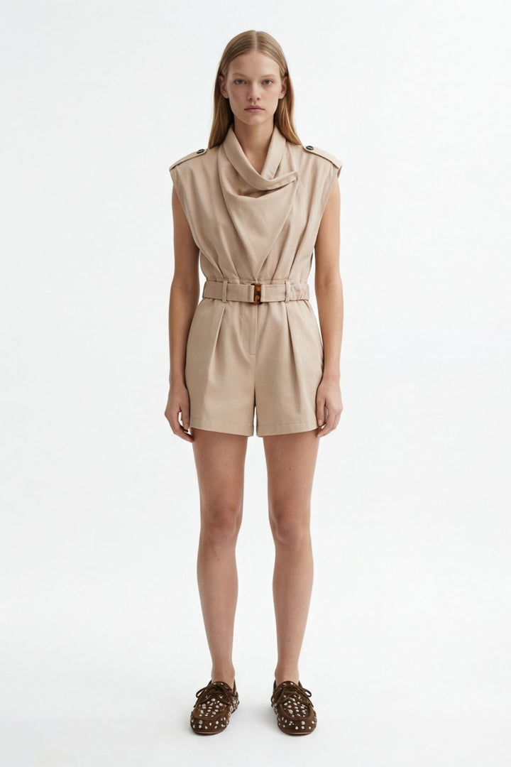 Asimetrik Yaka Kemerli Şort Tulum Bej