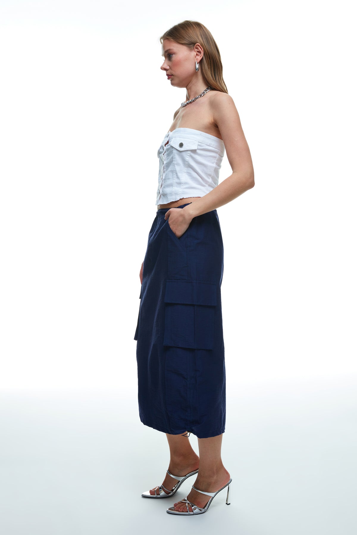 Pleated Pocket Detailed Cargo Skirt Navy Blue