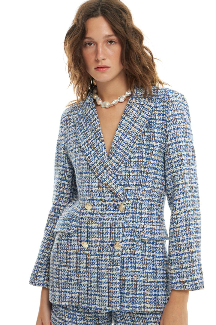 Kruvaze Yaka Düğme Detaylı Tüvit Blazer Ceket Sax