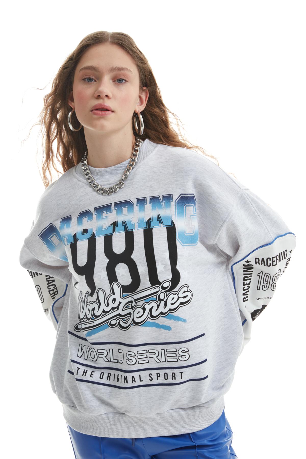 Baskılı Bisiklet Yaka Sweatshirt Gri