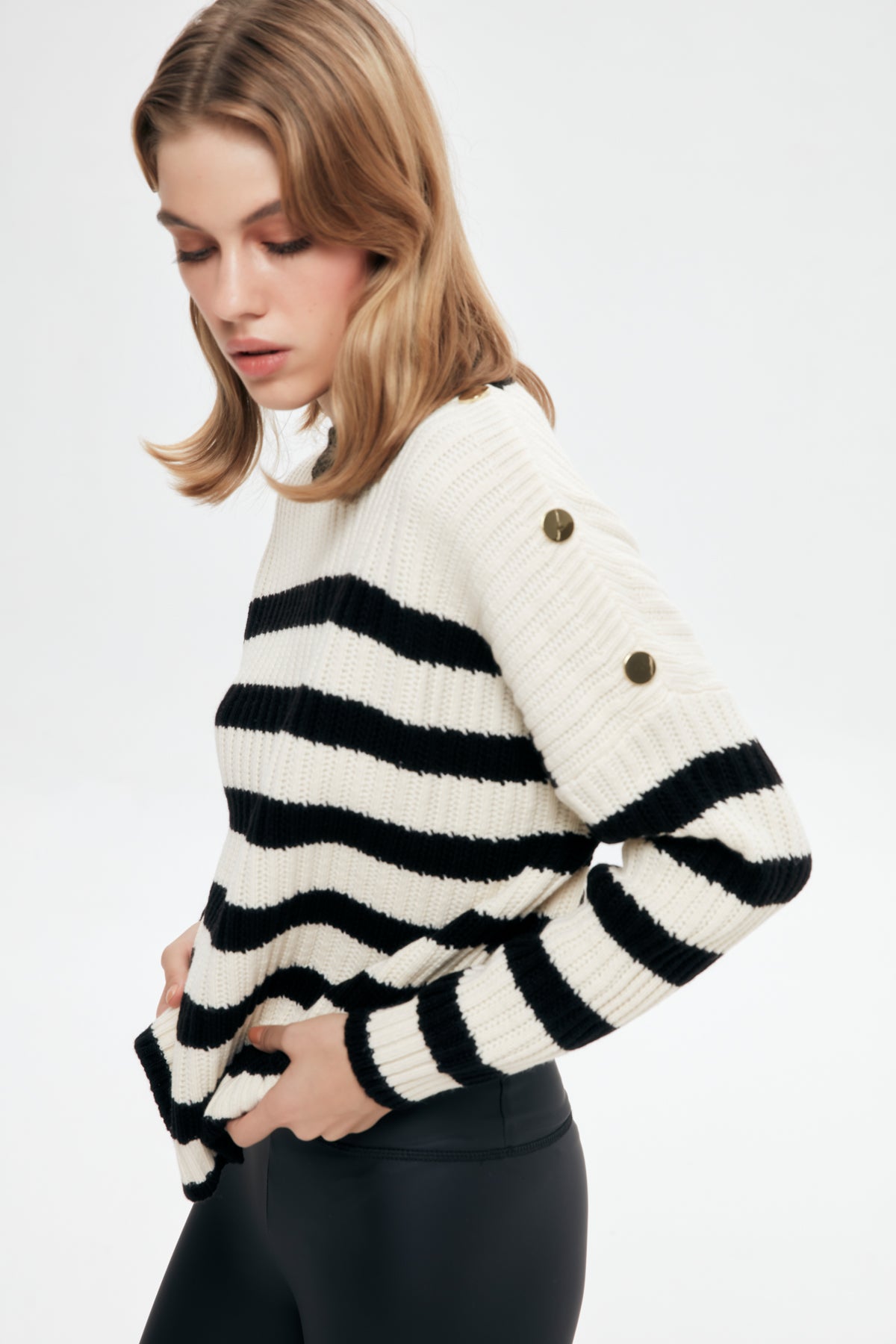 Buttoned Shoulder Striped Sweater Black