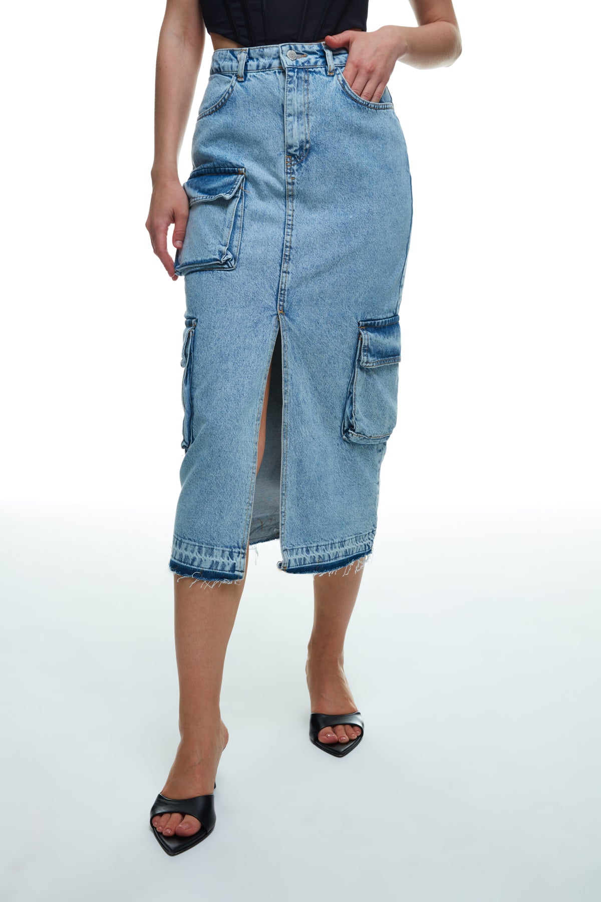 Cargo Pocket Detailed Slit Midi Denim Skirt Blue