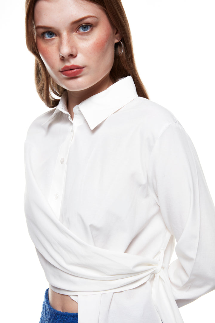 Tie Detailed Crop Shirt Ecru