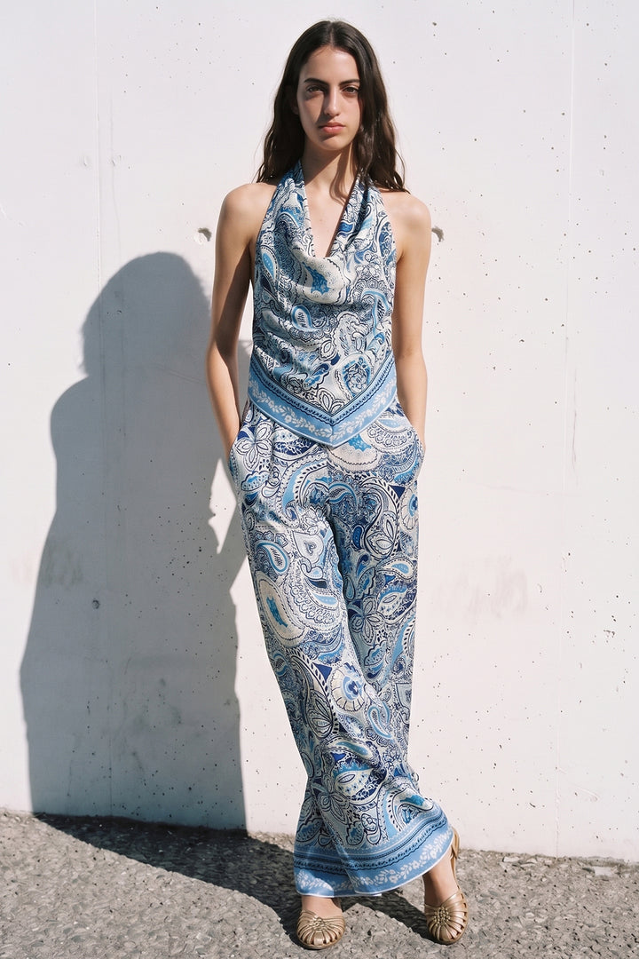 Degaje Yaka Şal Desenli Bluz Mavi