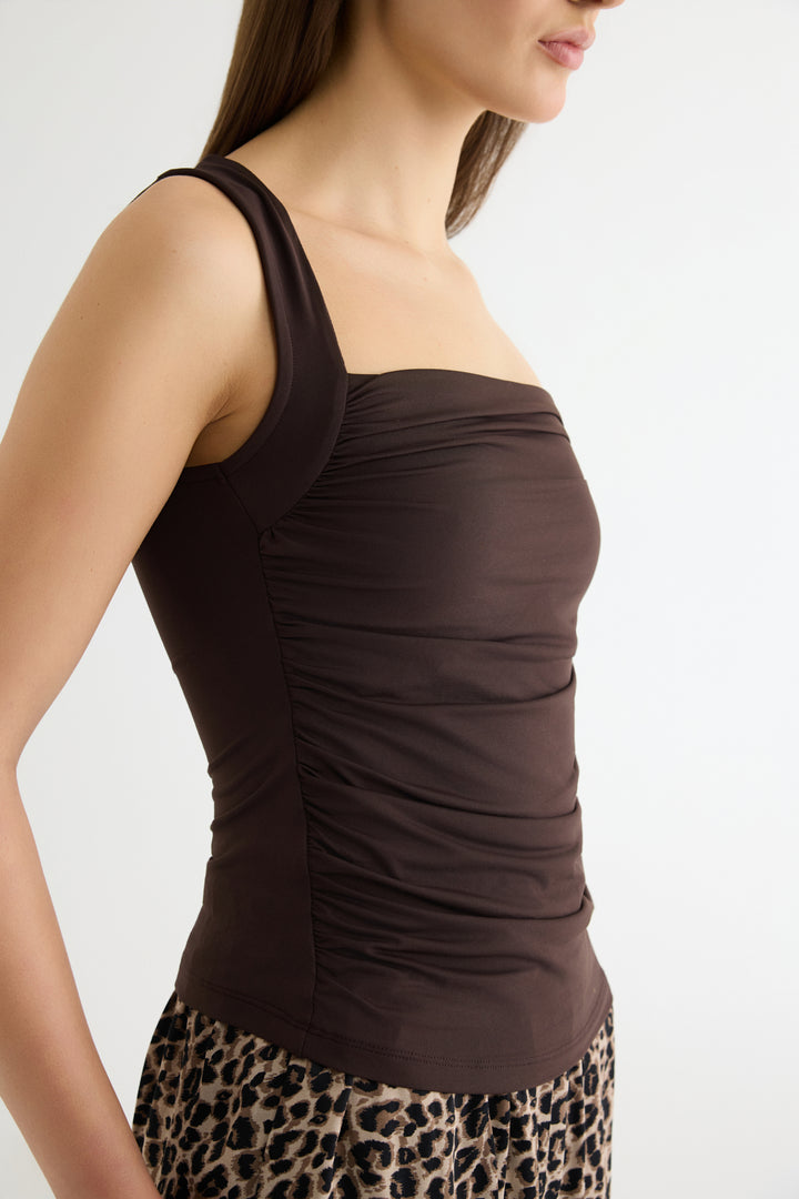 Büzgülü Kolsuz Bluz Kahverengi