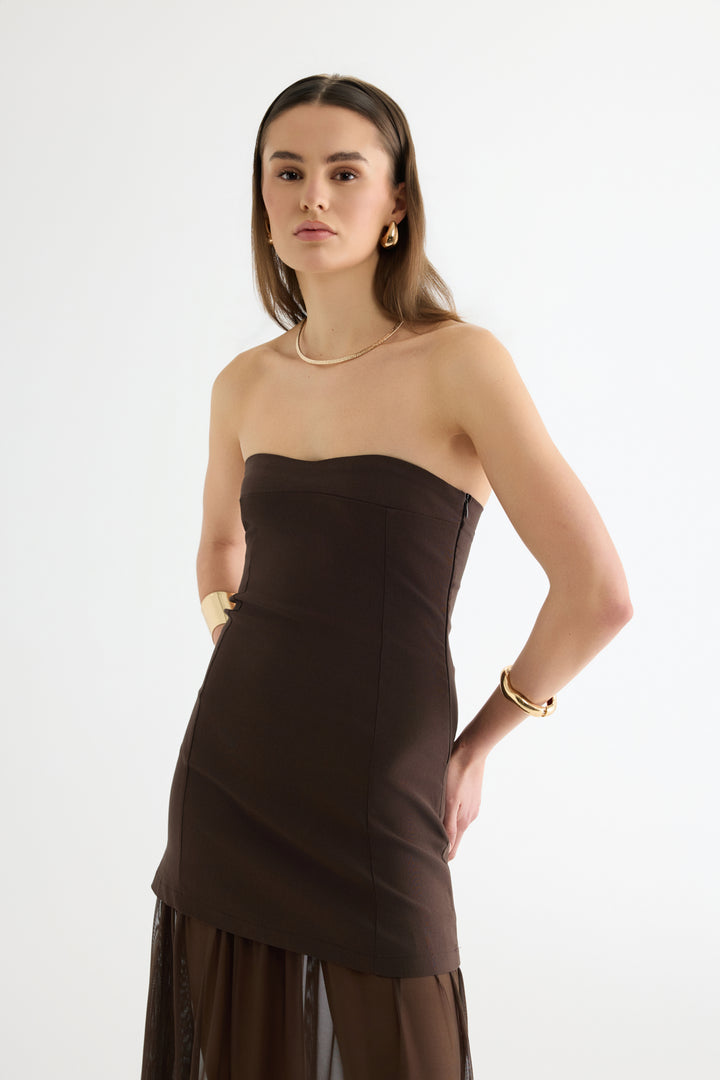 Straplez Kombine Midi Elbise Kahverengi