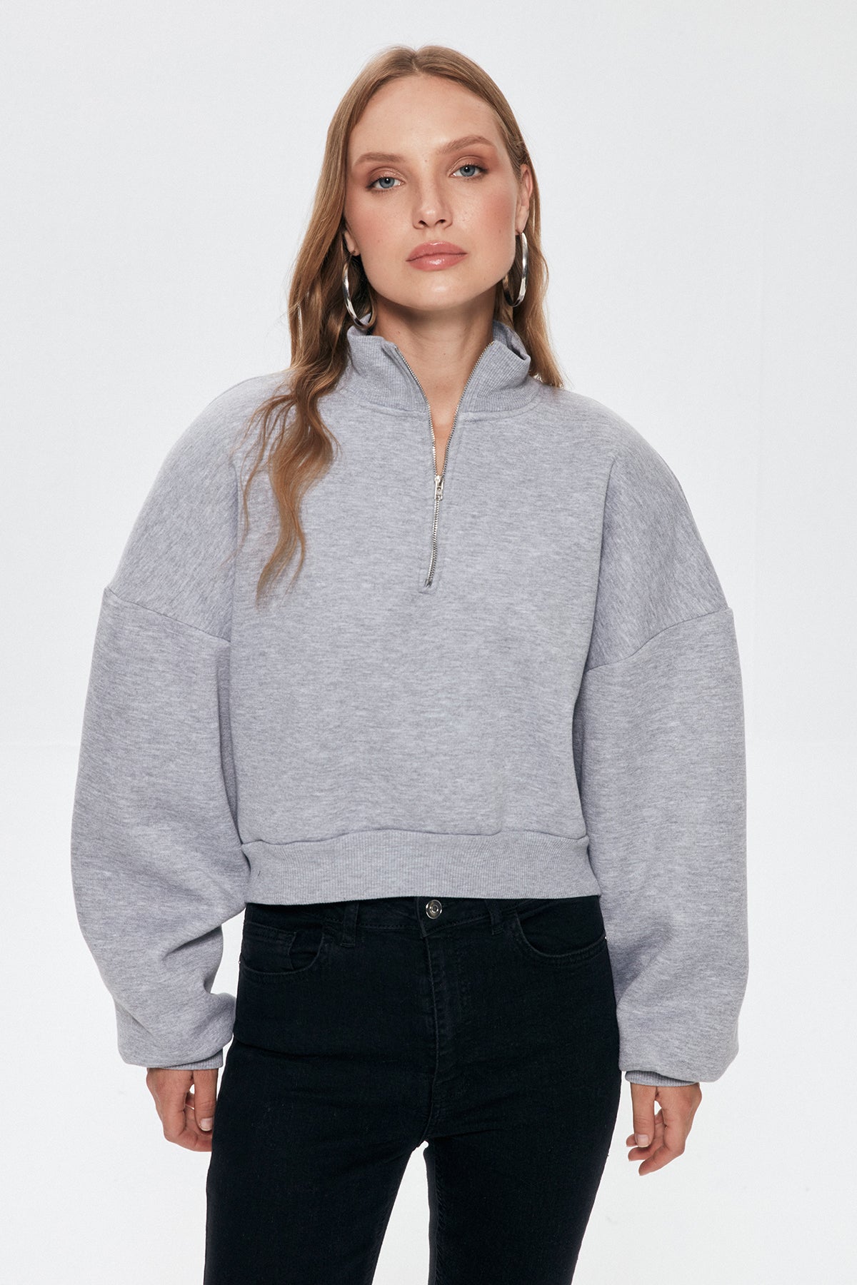 Fermuar Detaylı Crop Sweatshirt Grimelanj