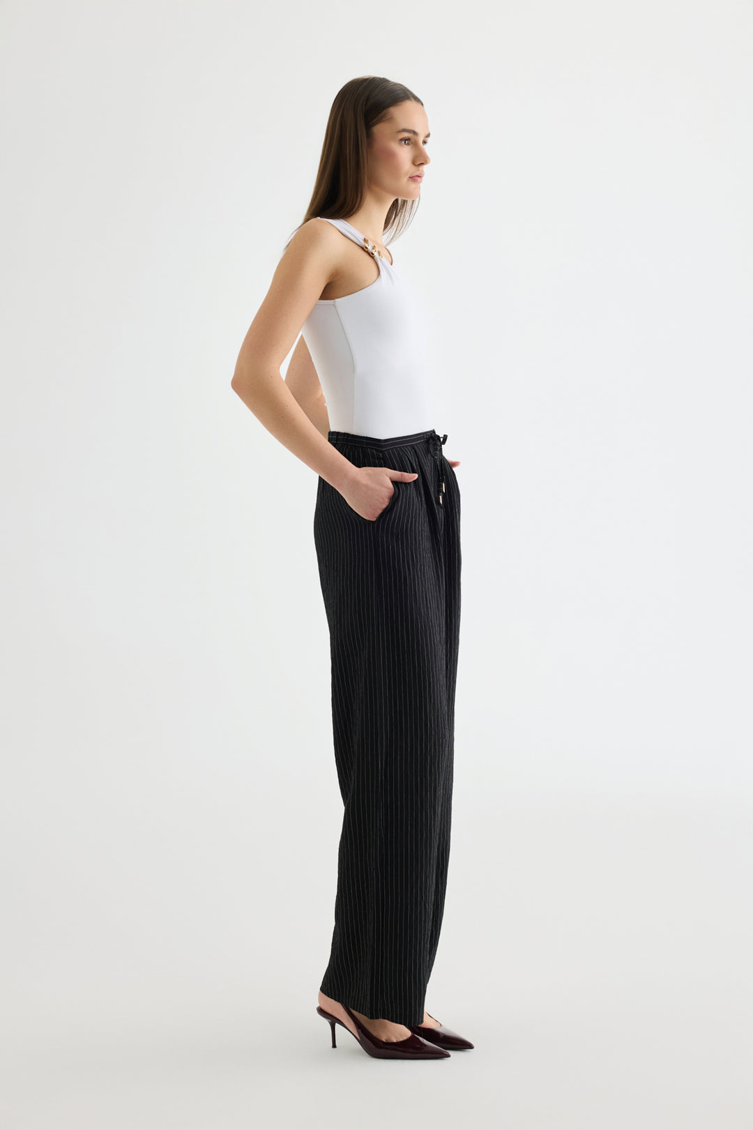 Çizgili Bağcıklı Bol Paça Pantolon Siyah