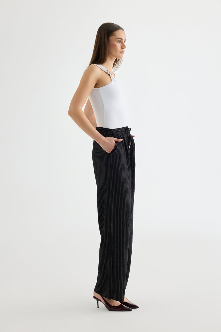 Çizgili Bağcıklı Bol Paça Pantolon Siyah