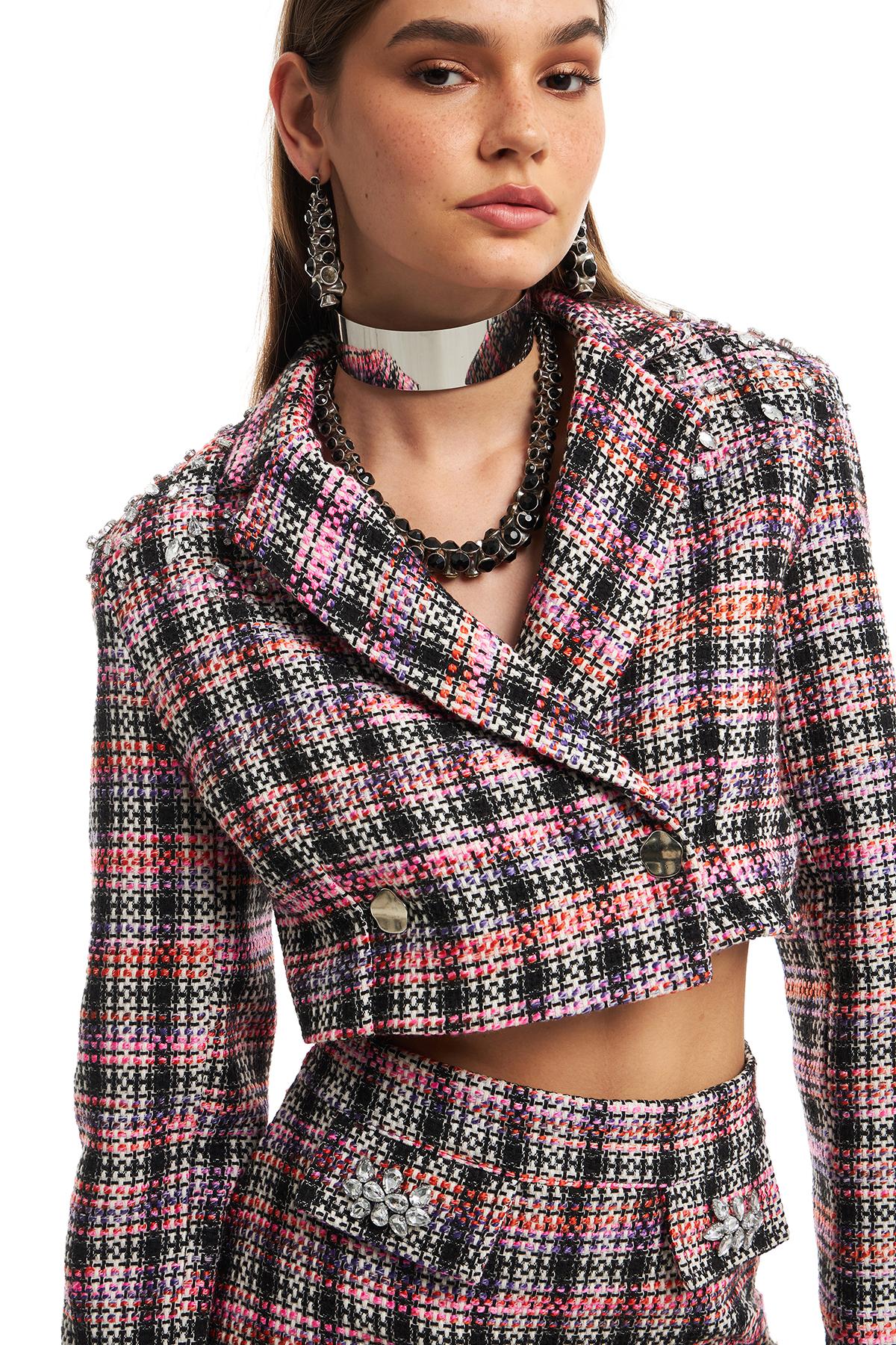 Tweed Crop Jacket Black with Stones on the Shoulders