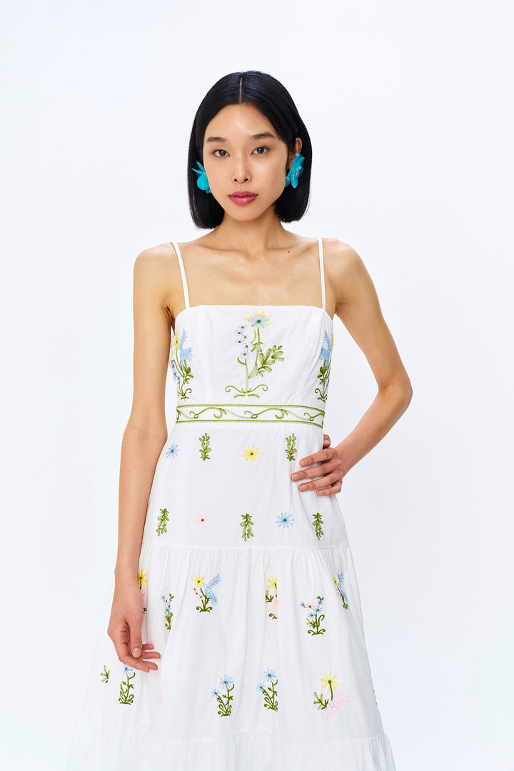 Çiçek Nakışlı Askılı Uzun Elbise Ekru