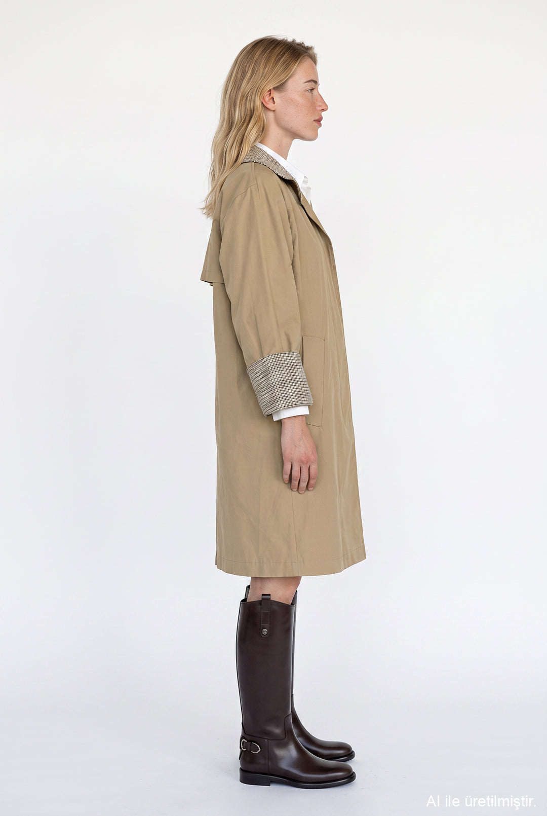 Ekose Manşetli Oversize Trençkot Bej