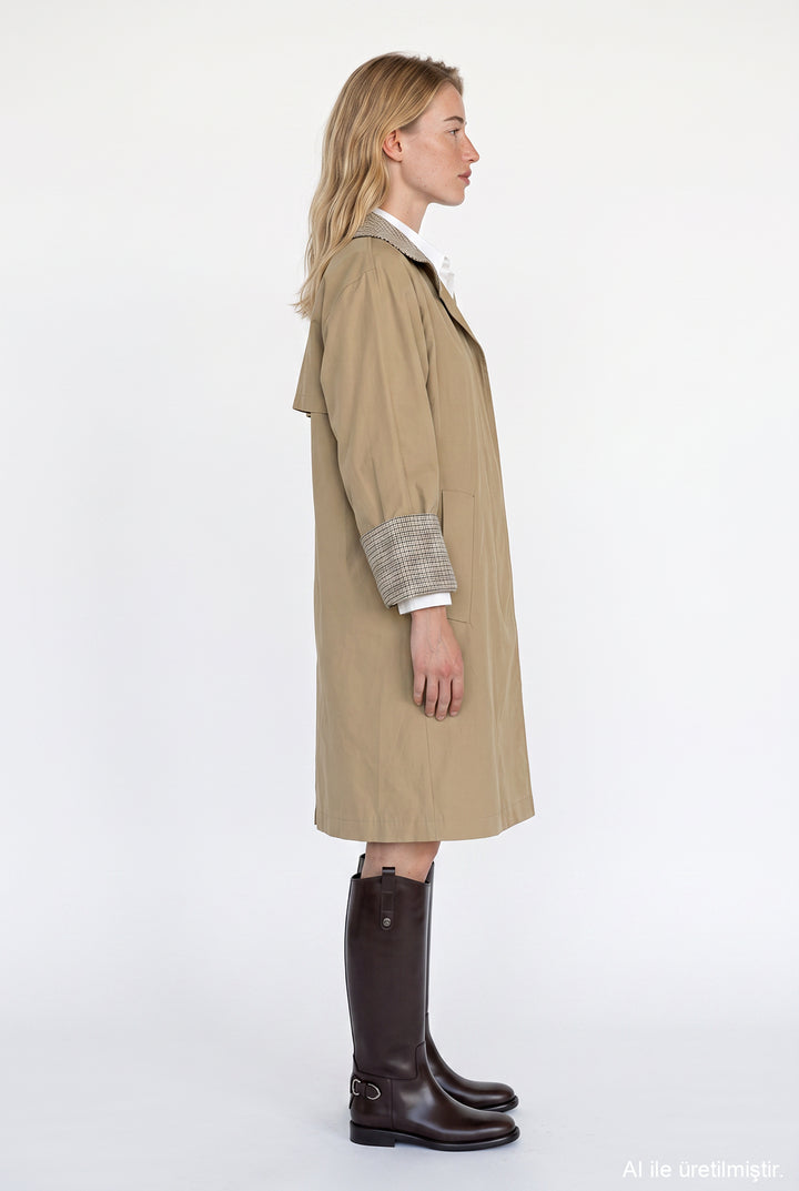 Ekose Manşetli Oversize Trençkot Bej
