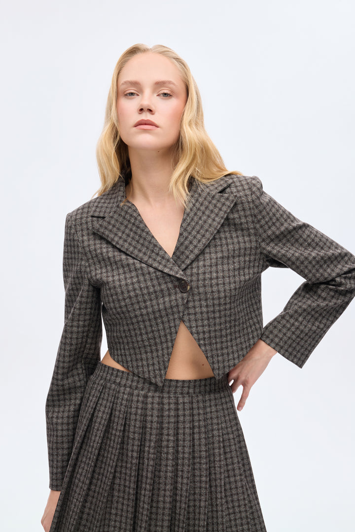 Ekose Tek Düğmeli Crop Blazer Ceket Kahverengi