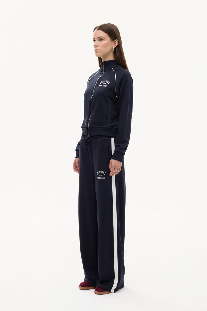 Sırtı Yazı Baskılı Dik Yaka Fermuarlı Sweatshirt Lacivert