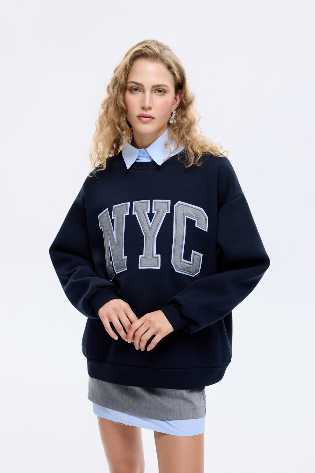 Gömlek Yakalı Nakış Detaylı Oversize Sweatshirt Lacivert