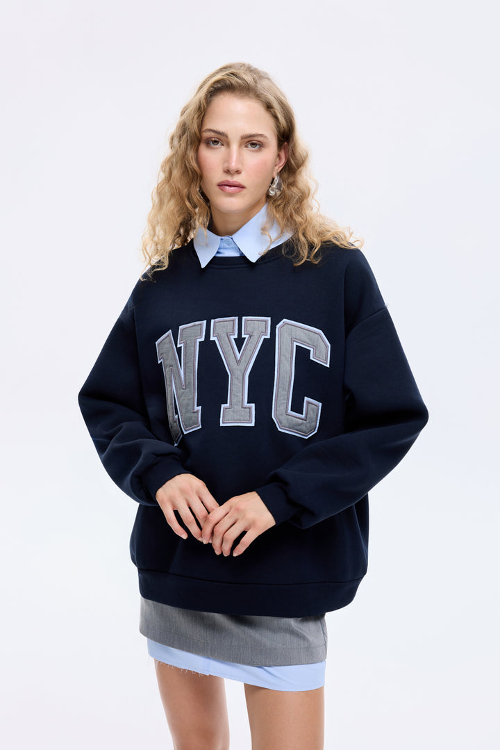 Gömlek Yakalı Nakış Detaylı Oversize Sweatshirt Lacivert