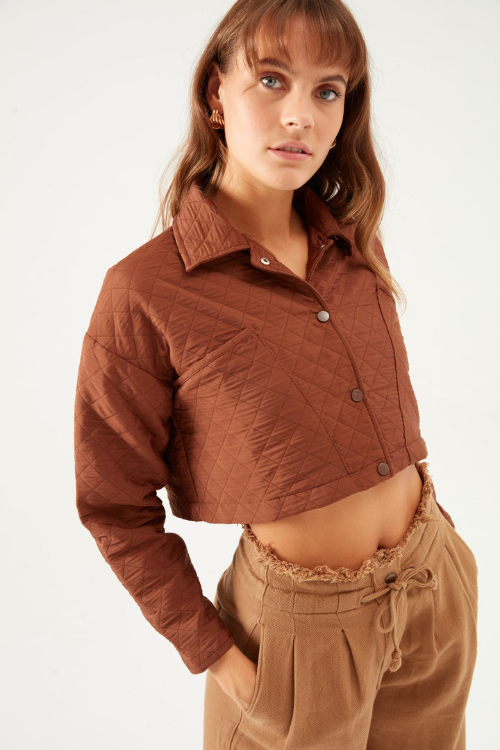 Quilted Crop Jacket Brown