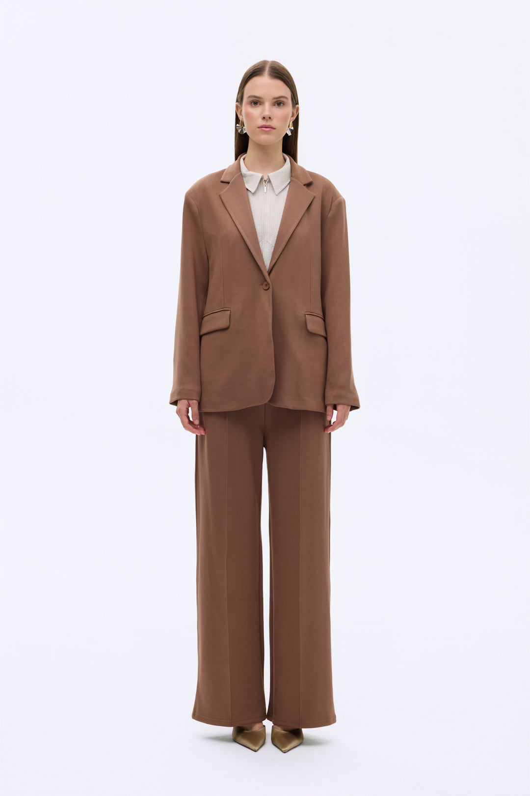Tek Düğmeli Yumuşak Dokulu Oversize Blazer Ceket Kahverengi