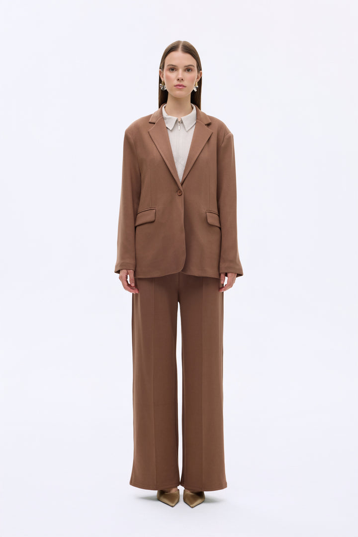 Tek Düğmeli Yumuşak Dokulu Oversize Blazer Ceket Kahverengi