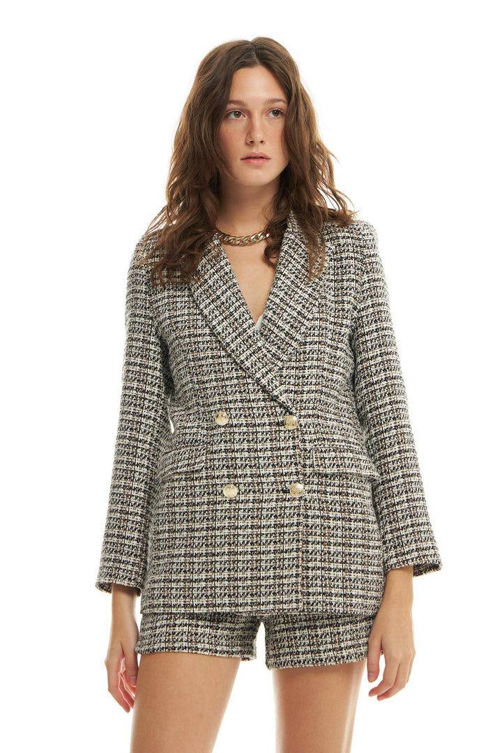 Kruvaze Yaka Düğme Detaylı Tüvit Blazer Ceket Siyah