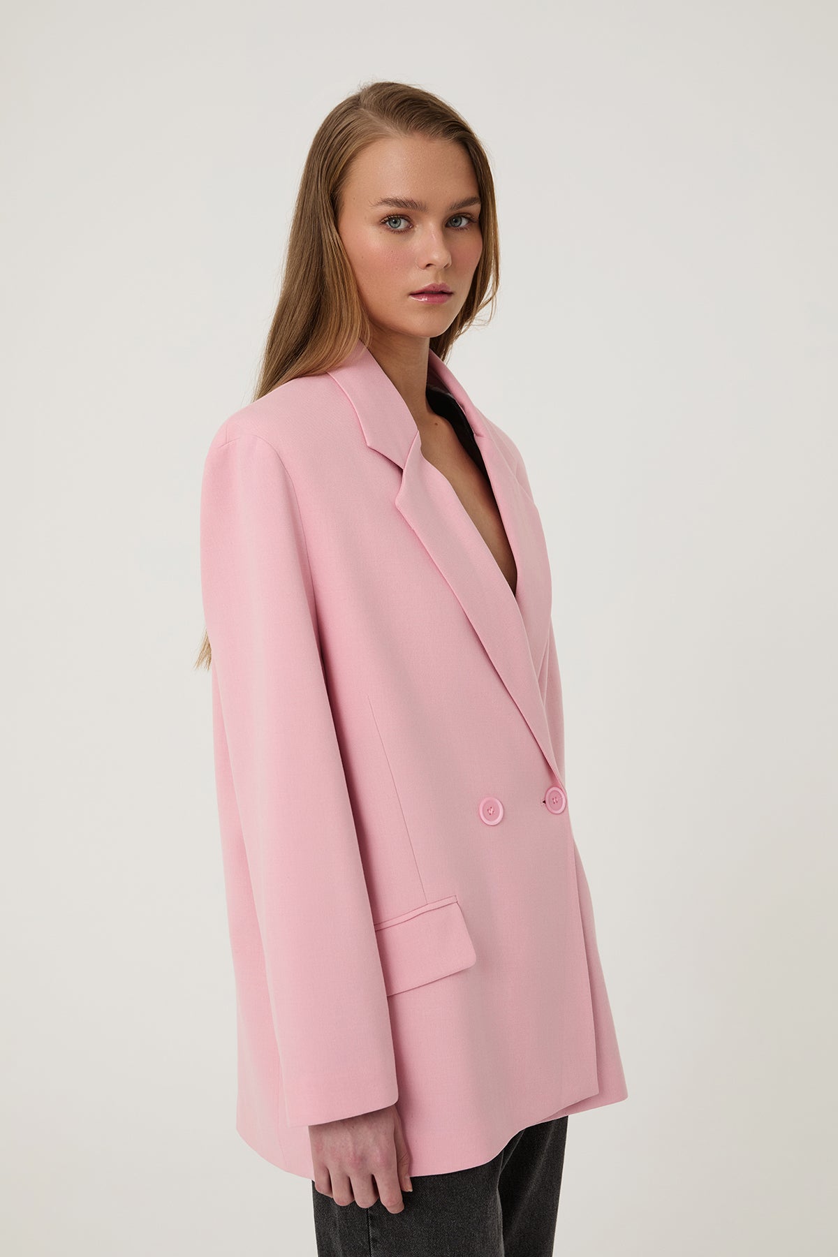 Kruvaze Yaka Oversize Blazer Ceket Pembe