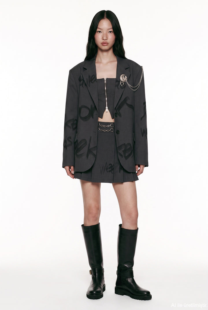 Yazı Baskılı Broş Aksesuarlı Oversize Blazer Ceket Gri
