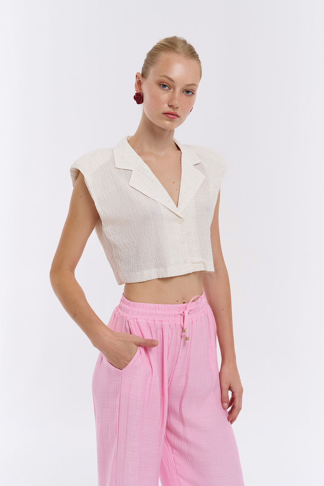 Wadding Detailed Buttoned Crop Shirt Natural