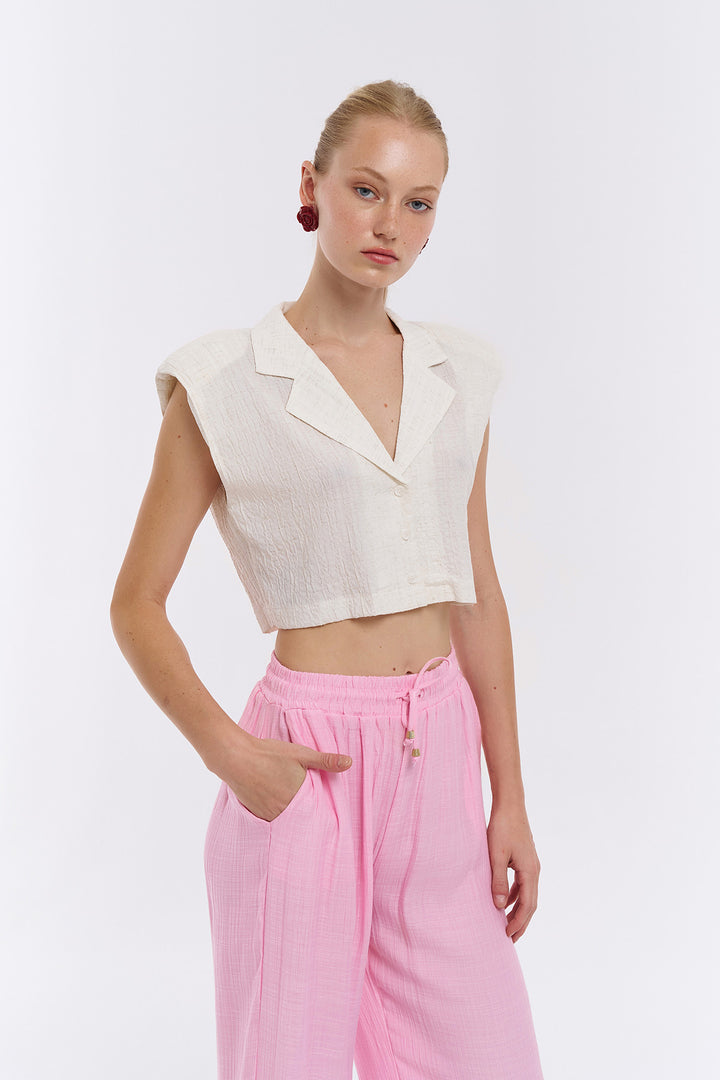 Wadding Detailed Buttoned Crop Shirt Natural