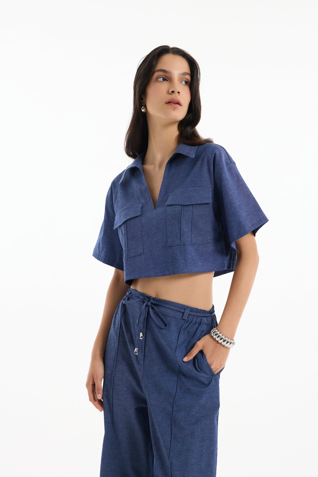 Cep Detaylı Kot Görünümlü Crop Bluz İndigo