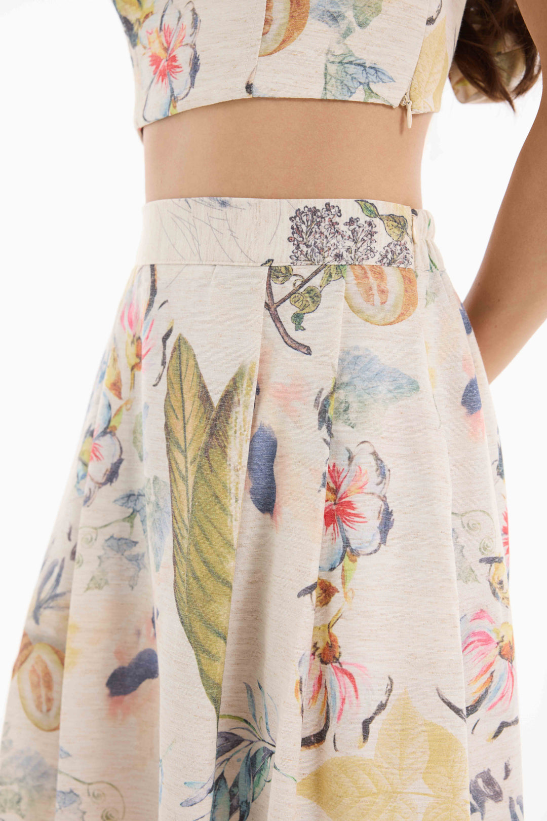 Çiçek Desenli Pileli Keten Midi Boy Etek Naturel