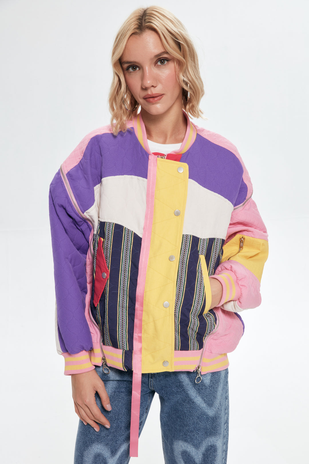 Button Detailed Colorful Bomber Jacket Pink