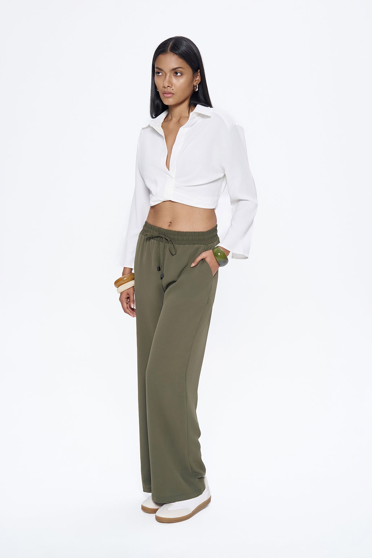 トップス kuusun Elastic Waist Crop Shirt White – QUZU