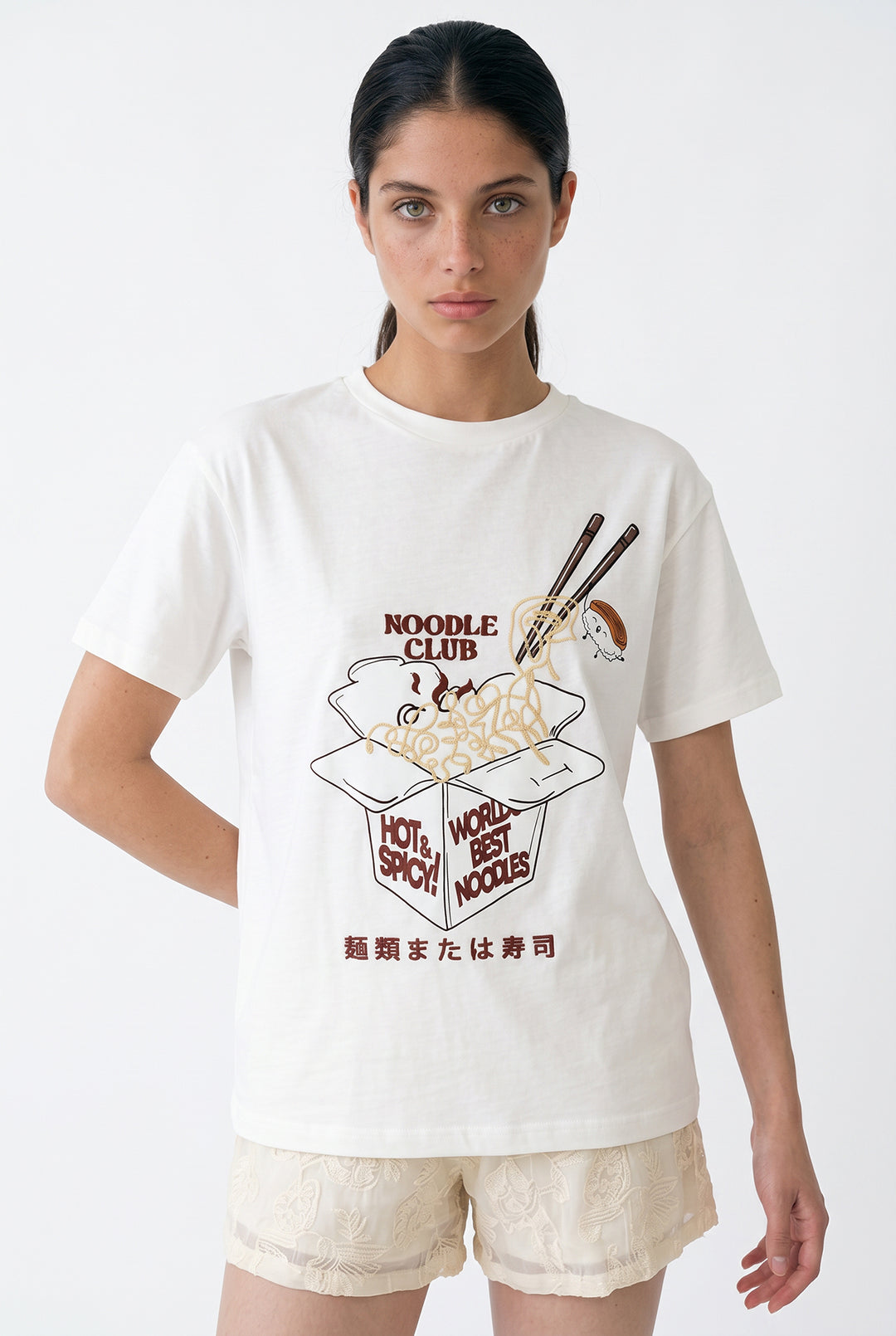 Noodle Nakışlı Baskılı Tişört Ekru