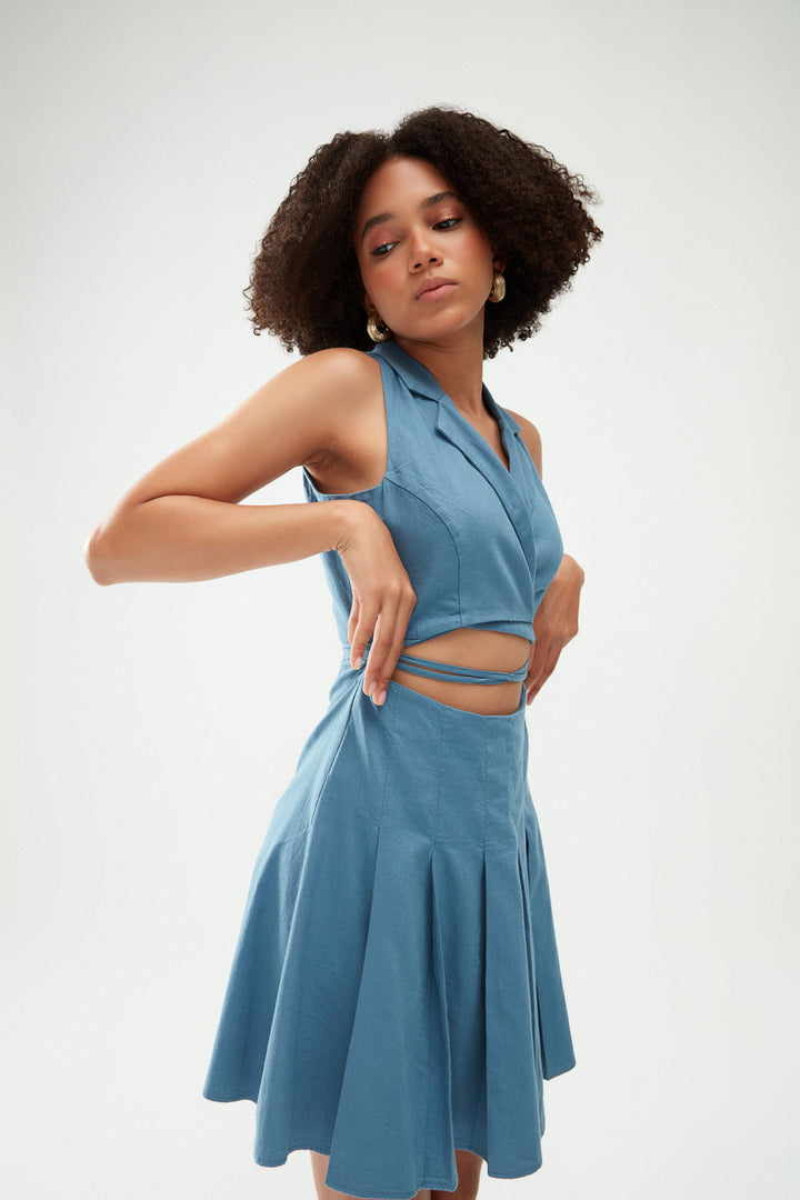 Cut Out Bağlamalı Elbise İndigo