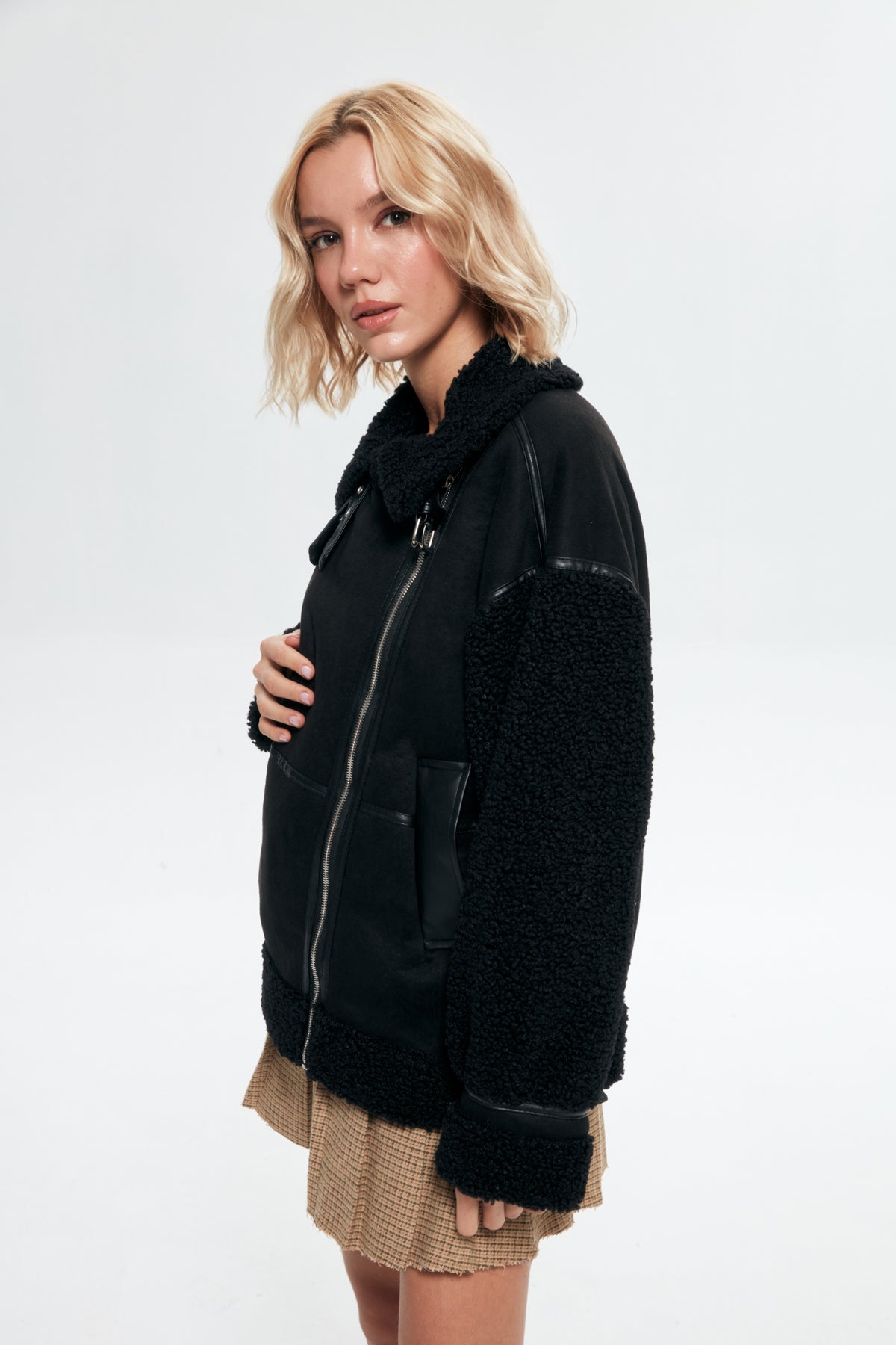 Stitched Short Coat with Plush Detail on Sleeves Black