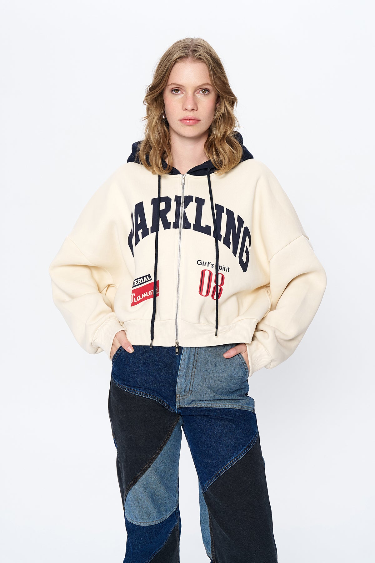 Yazı Baskılı Kapüşon Detaylı Fermuarlı Sweatshirt Bej