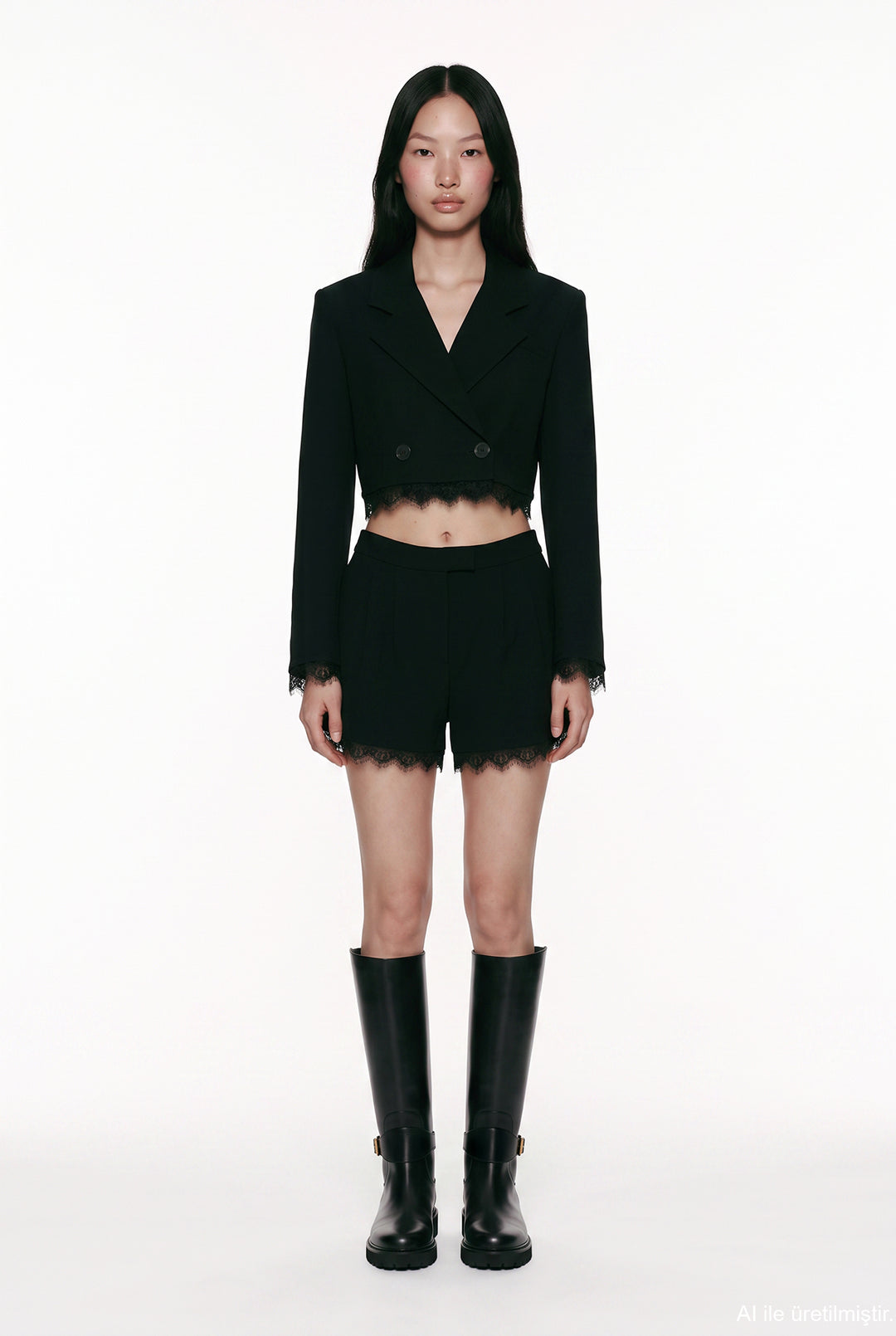 Dantel Garnili Crop Blazer Ceket Siyah