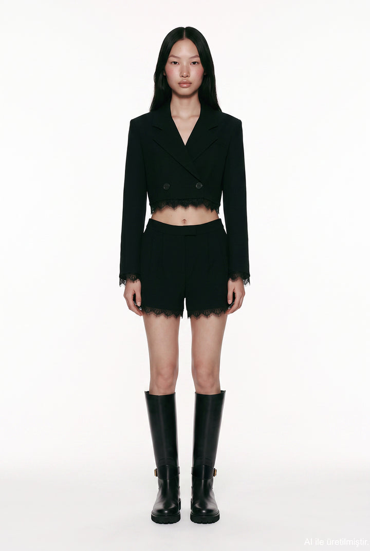Dantel Garnili Crop Blazer Ceket Siyah