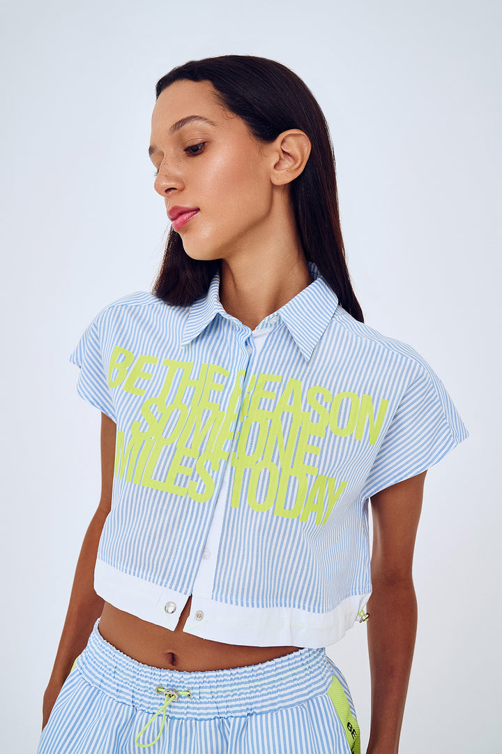 Neon Yazılı Çizgili Crop Kolsuz Gömlek Mavi