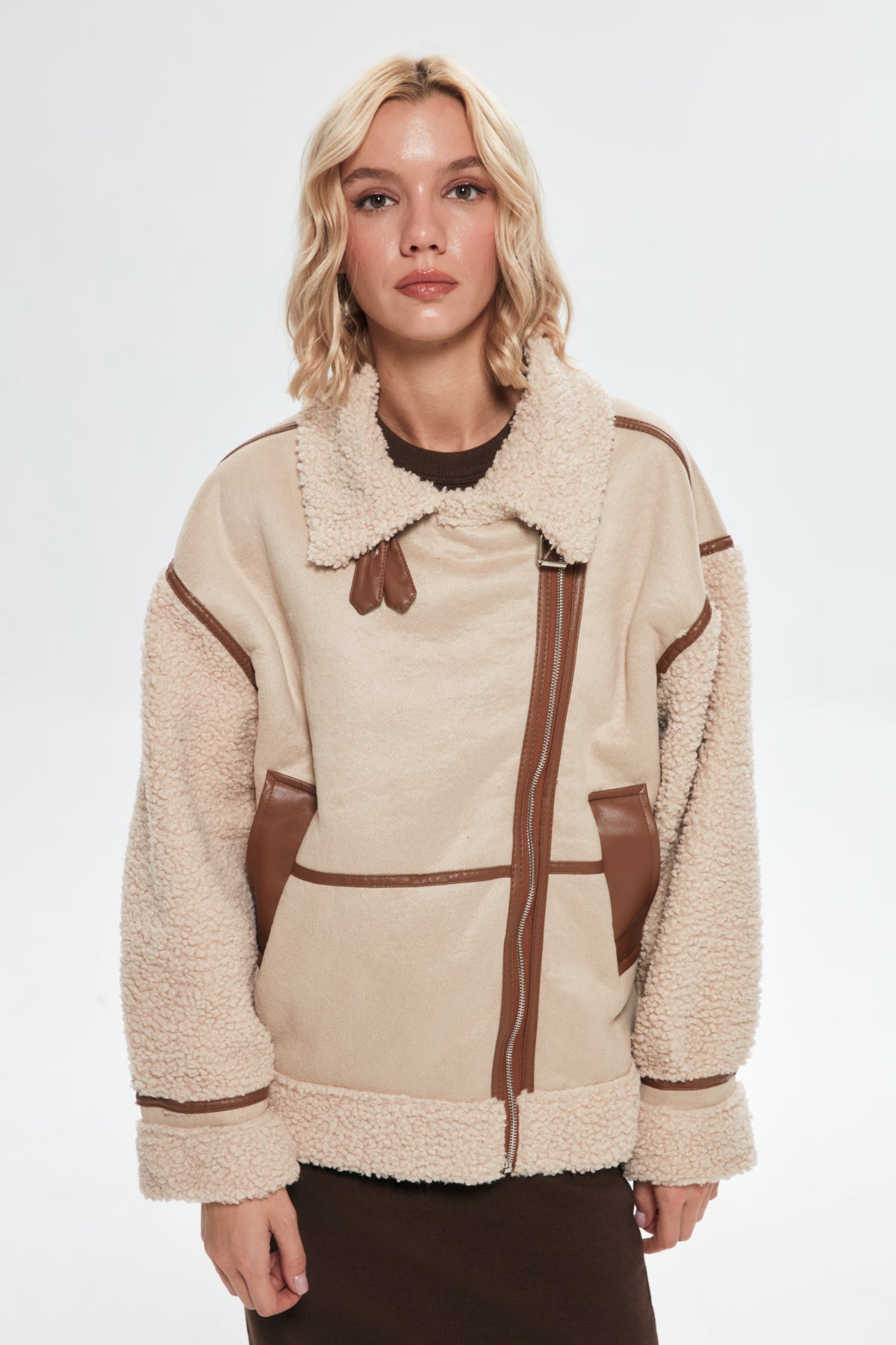 Stitched Short Coat with Plush Detail on Sleeves Beige