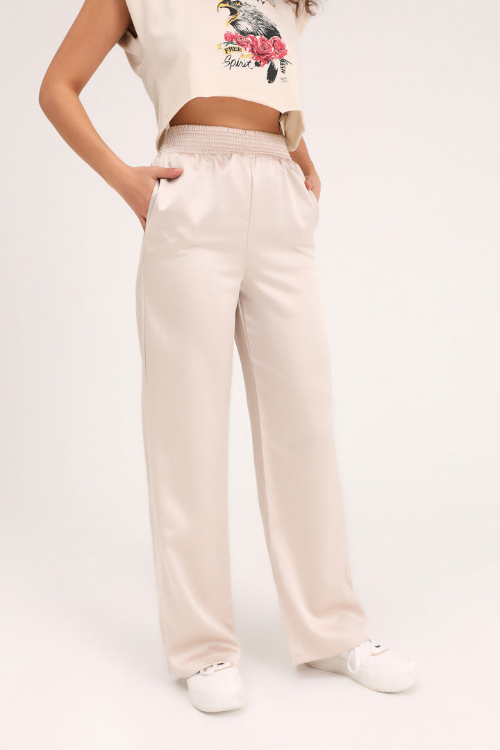 Beli Lastikli Saten Pantolon Bej