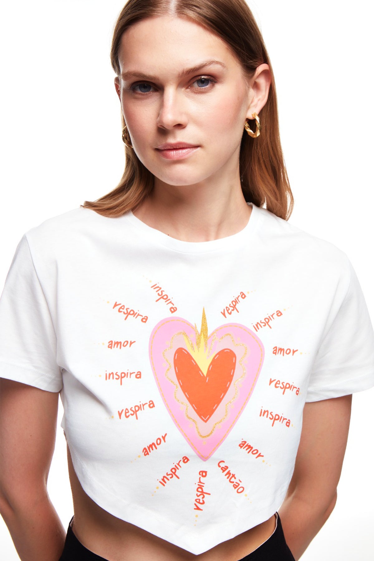 Heart Printed Crop T-Shirt Ecru