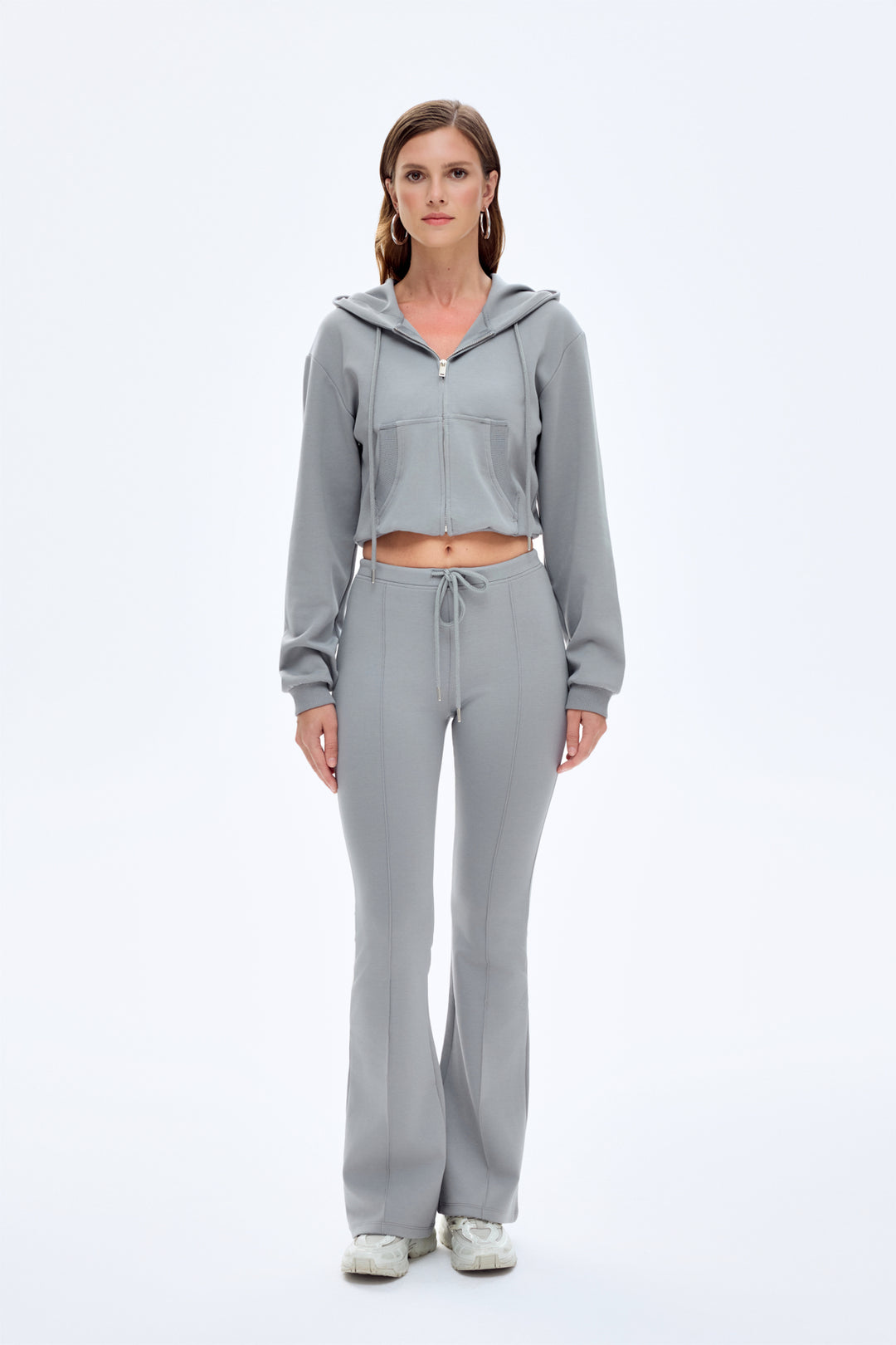 Kapüşonlu Fermuarlı Basic Sweatshirt Gri