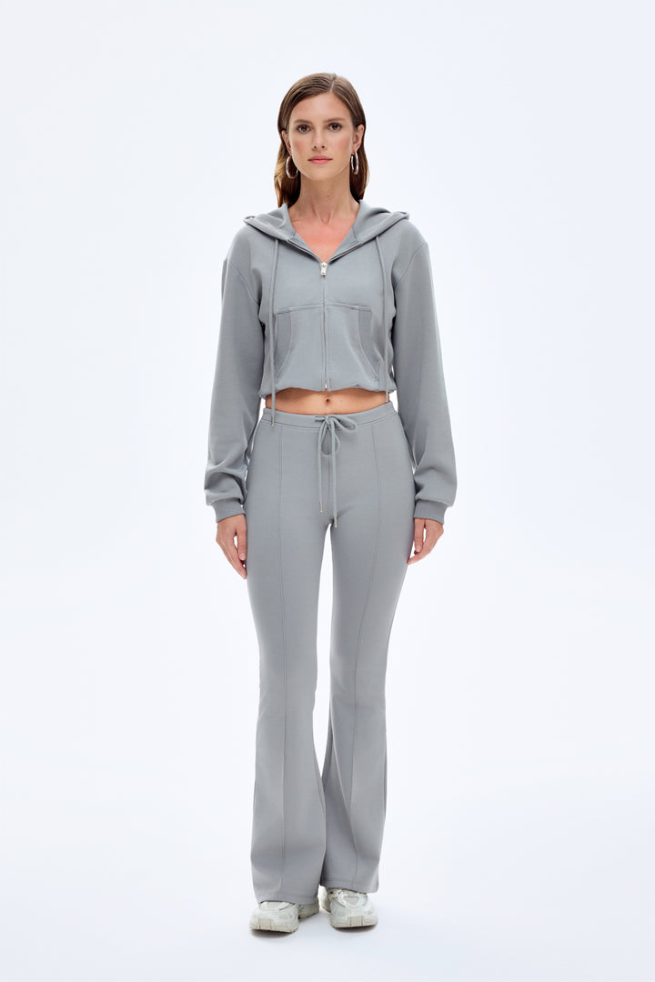 Kapüşonlu Fermuarlı Basic Sweatshirt Gri