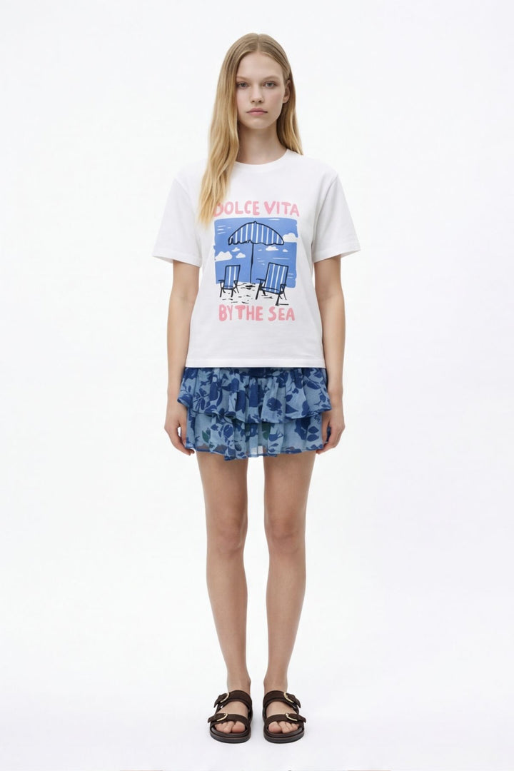 Plaj Baskılı Oversize Tişört Ekru