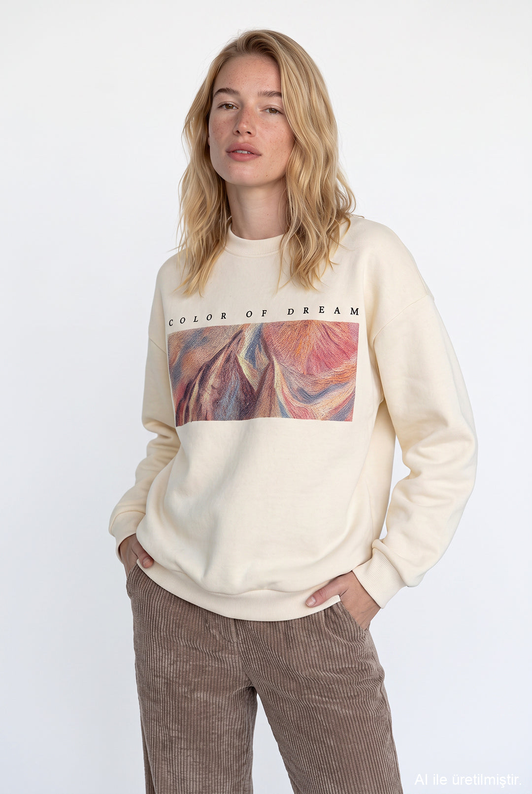 Grafik Baskılı Oversize Sweatshirt Bej